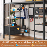 DICTAC Loft Bed Twin Size with Desk and Charging Station Metal Loft Bed with Led Lights,Storage Shelves and Drawers Twin Bed Frame with Clothes Rail,Safety Guard & Ladder,No Box Spring Needed,Black DICTAC