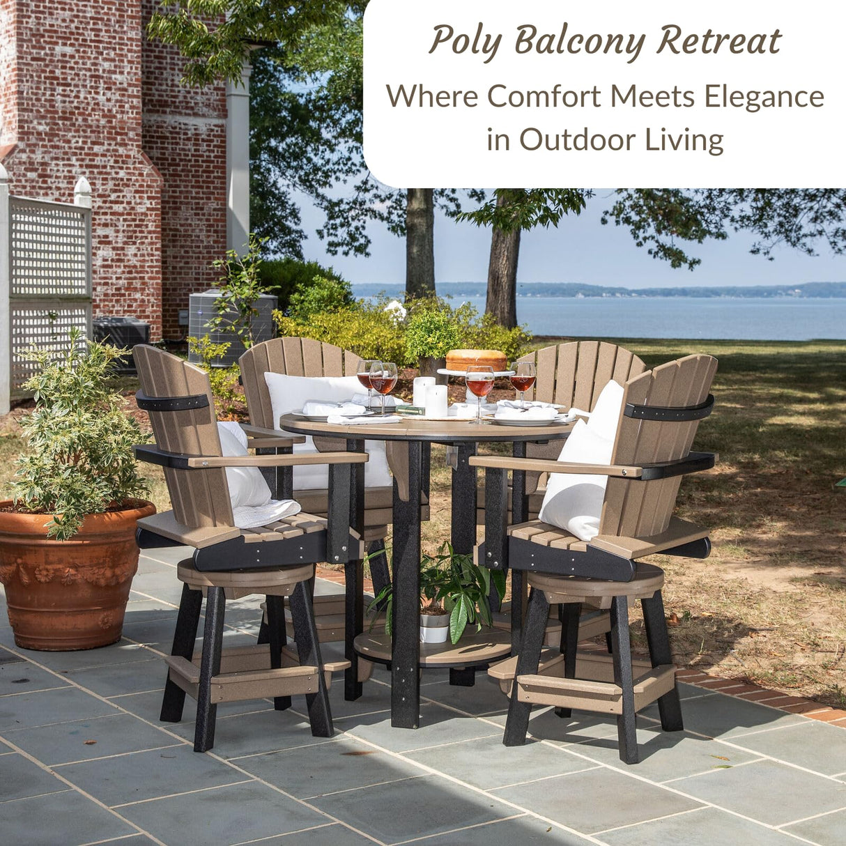 DutchCrafters Recycled Poly Round Balcony Dining Set, Table with 4 Chairs, Bar Height, Swivel Chairs, 5 Piece Patio Furniture Set, Amish Made in USA, Two-Toned Colors (Weatherwood & Brown) DutchCrafters