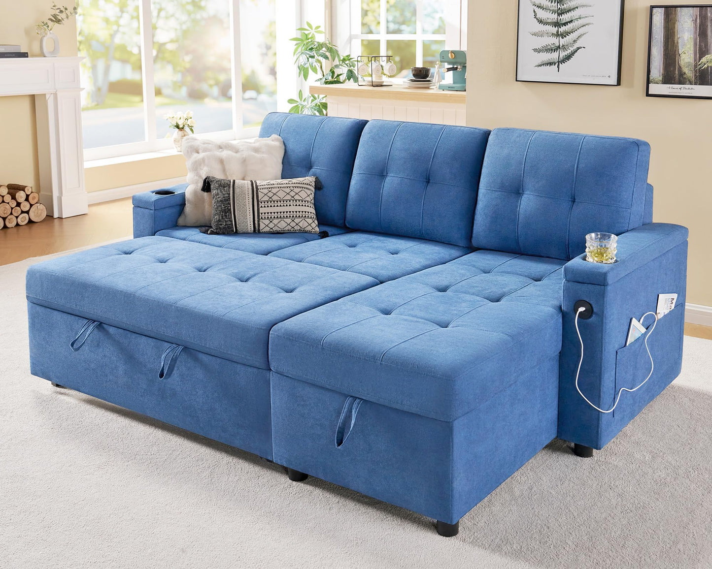 VanAcc Sofa Bed, Multi-Functional Sleeper Sofa with USB Charging Ports & Cup Holders, Pull Out Couch Bed with Storage Chaise, L-Shaped Couches for Living Room (Linen Blue)