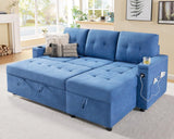 VanAcc Sofa Bed, Multi-Functional Sleeper Sofa with USB Charging Ports & Cup Holders, Pull Out Couch Bed with Storage Chaise, L-Shaped Couches for Living Room (Linen Blue) VanAcc