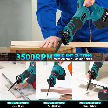 Cordless Reciprocating Saw with Rotated Handle, 2 x 6.0Ah Battery Brushless Power Reciprocating Saw with 12Pcs Blades, 28MM Reciprocating Stroke, Multiple Angles Cutting for Wood/Metal/PVC - WoodArtSupply