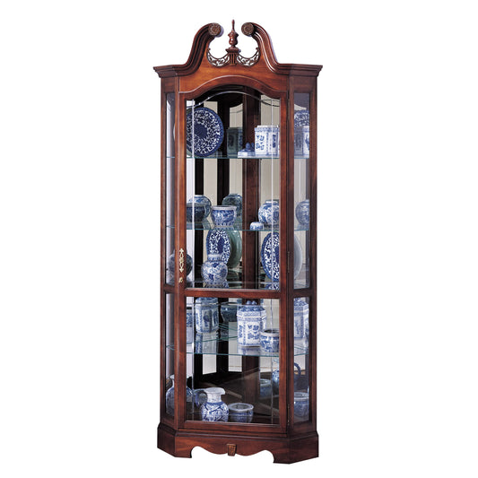 Howard Miller Berg Corner II Curio Cabinet, Brown Finish Level Display Cases for Collectibles with Interior Lights Antique Storage Cabinet - Adjustable Glass Shelves, Living Room & Office