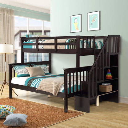 P PURLOVE Espresso Twin-Over-Full Bunk Bed with Storage and Detachable Design - WoodArtSupply