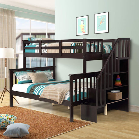 P PURLOVE Espresso Twin-Over-Full Bunk Bed with Storage and Detachable Design P PURLOVE