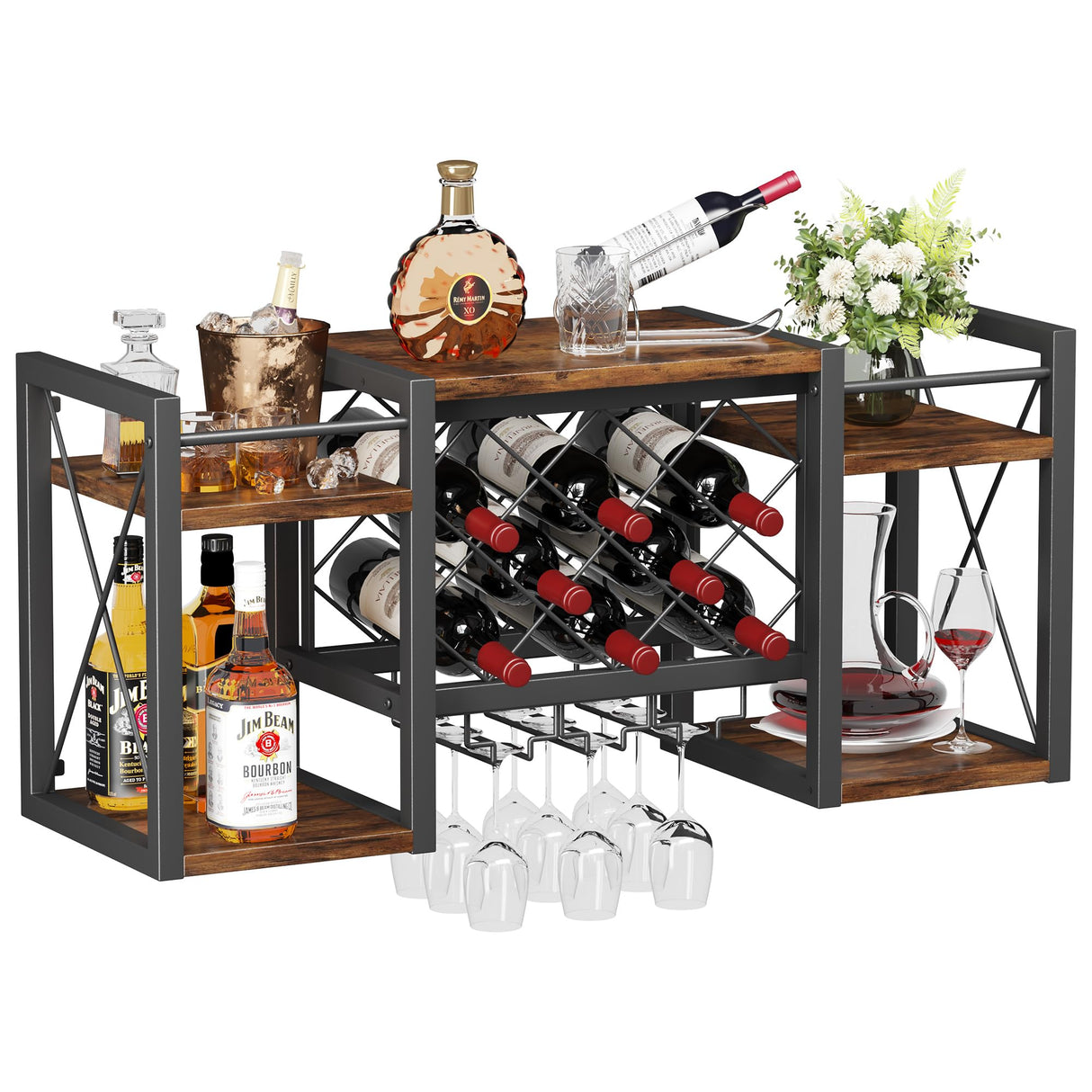 Homeiju Wall Mounted Wine Rack with Glass Holder, Wood-Metal Retro Bar Shelf, Wine Bottles Display Wall Storage for Kitchen Dining Room Home Bar Homeiju