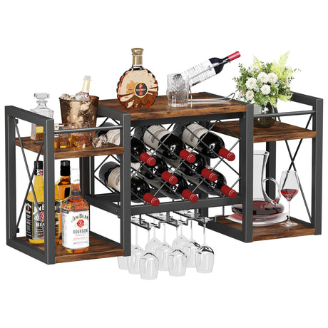 Homeiju Wall Mounted Wine Rack with Glass Holder, Wood-Metal Retro Bar Shelf, Wine Bottles Display Wall Storage for Kitchen Dining Room Home Bar Homeiju