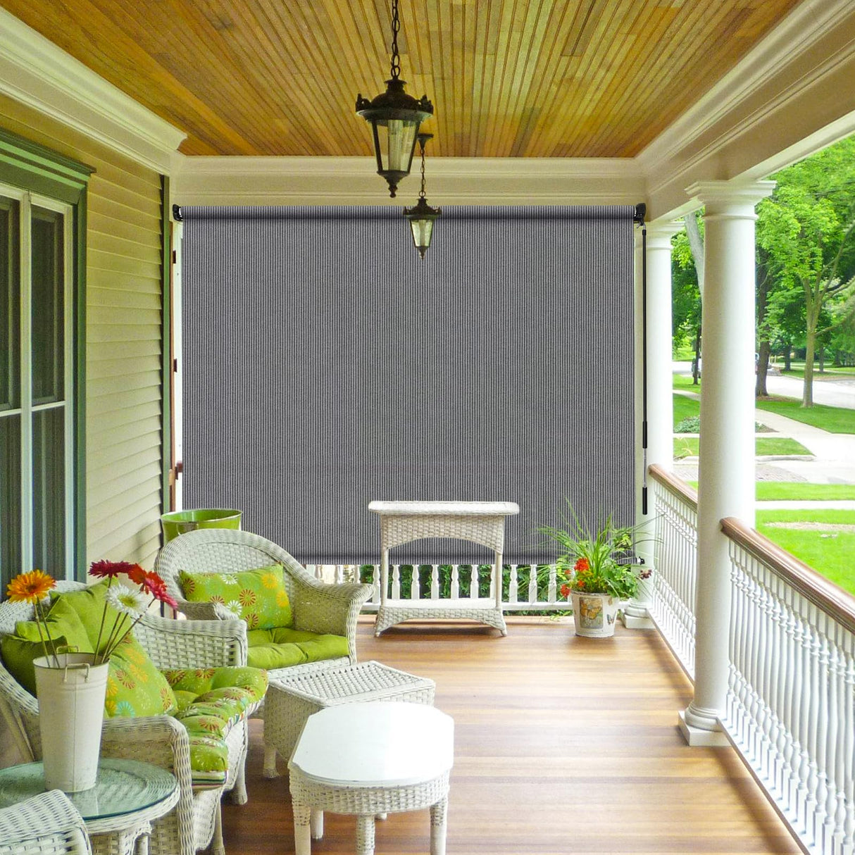 Shade&Beyond Outdoor Roller Shades with Splicing Design, 8' W x 8' H Cordless Patio Roll Up Blinds, Exterior Shade Cloth Roll for Porch, Gazebo, Pergola, Balcony, Gray Shade&Beyond