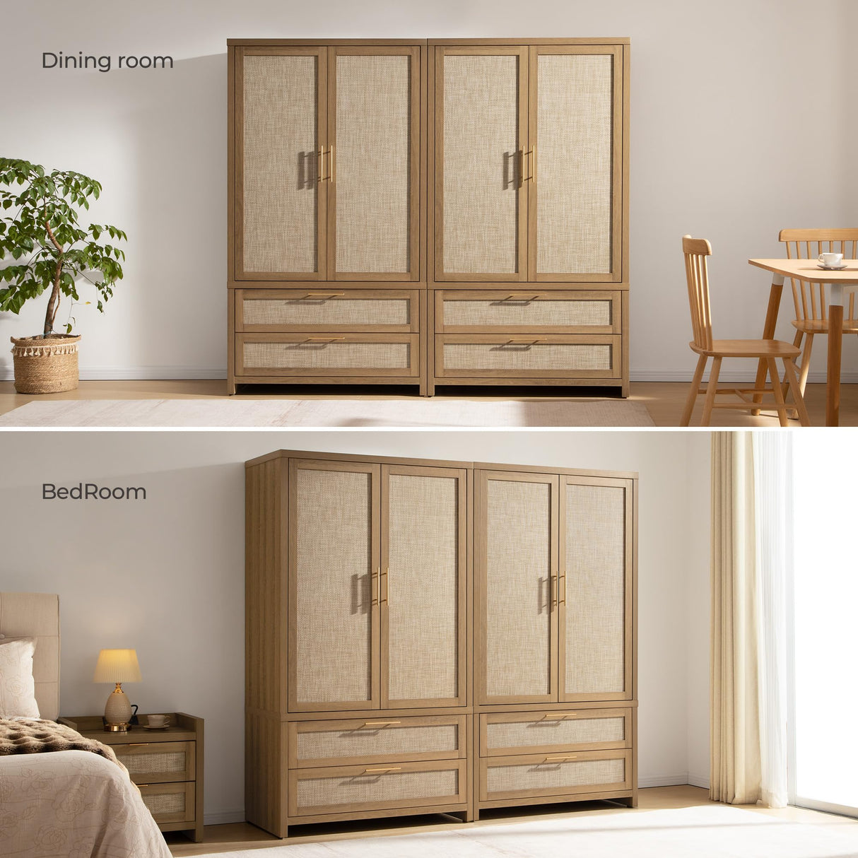 SICOTAS Rattan Armoire Wardrobe Closet Cabinet, 71" Tall Wardrobe Storage Cabinet with Doors, Larger Drawers and Hanging Rod, Boho Armoire Clothes Organizer for Bedroom, Laundry Room, Cloak Room, Oak SICOTAS