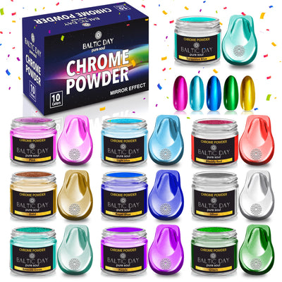 BALTIC DAY Chrome Powder for Nails & Resin – 10 Colors Mirror Chrome Pigment, Holographic Mica Powder for Nail Art, Epoxy, Tumblers, Slime, Crafts – 2g Each Jar