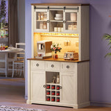 DWVO 72" Farmhouse Bar Cabinet with LED Lights & USB Charging, Wine Glass Holder & 9-Bottle Rack, Coffee Bar Sideboard with Sliding Doors, Off White+Walnut Grain DWVO