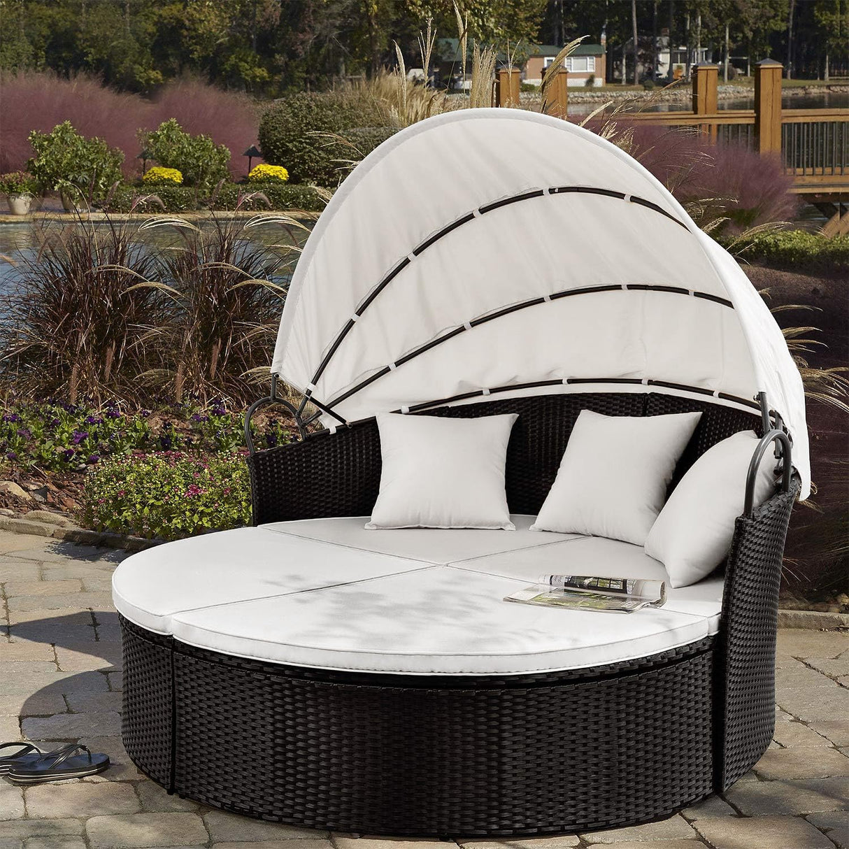 Devoko Patio Furniture Outdoor Round Daybed with Retractable Canopy Wicker Rattan Separated Seating Sectional Sofa for Patio Lawn Garden Backyard Porch Devoko
