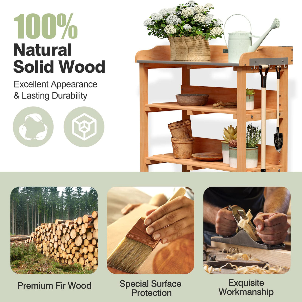 Giantex Garden Potting Bench, Outdoor Wood Workstation Table with Galvanized Steel Tabletop, 5 Hooks, 2-Tier Storage Shelves, Outside Work Station Potting Table with Raised Edge, Easy Assembly Giantex