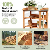 Giantex Garden Potting Bench, Outdoor Wood Workstation Table with Galvanized Steel Tabletop, 5 Hooks, 2-Tier Storage Shelves, Outside Work Station Potting Table with Raised Edge, Easy Assembly Giantex