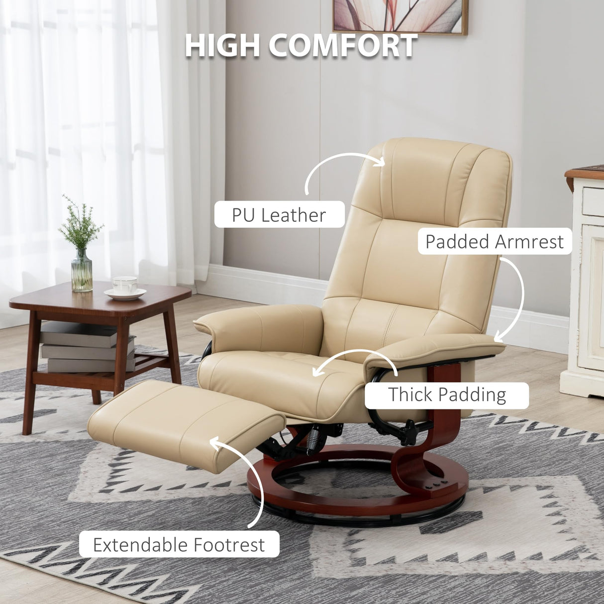 HOMCOM Swivel Recliner Chair, PU Leather Adjustable Lounge Chair with Footrest, Armrest, Wooden Base, Plush Recliner for Living Room, Cream White HOMCOM