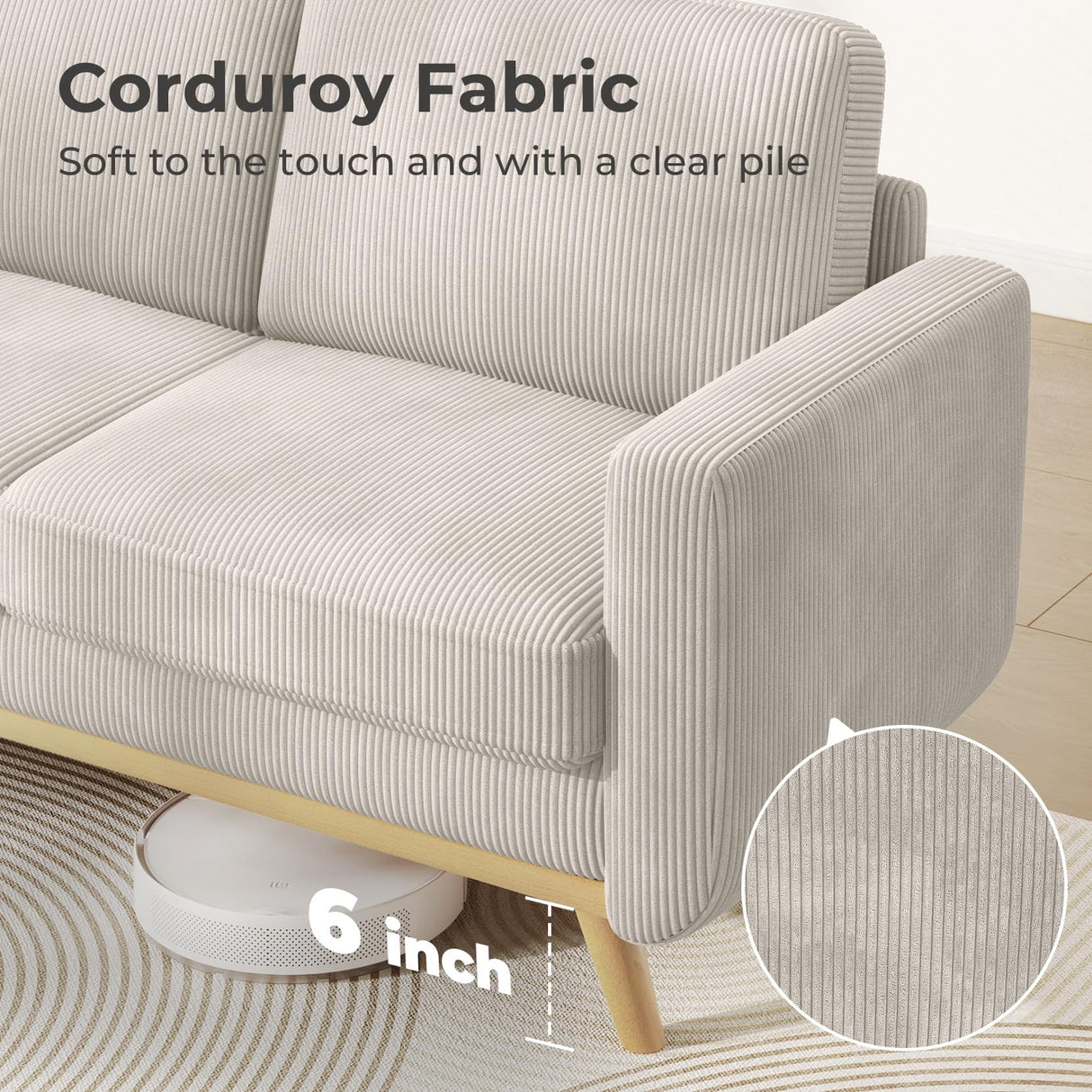 Vesgantti 68" Loveseat Sofa Light Grey, Comfy Corduroy Couch with Spring Cushion and Solid Wood, Modern Deep Seat for Bedroom, Living Room, Office Vesgantti