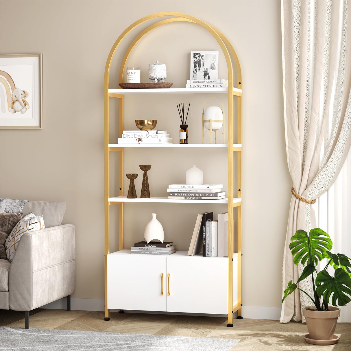 Garvee Gold Bookshelf, Arched Bookcase with Studry Metal Frame and Quality Board, Modern Book Shelf with 4-Tier Open Shelves for Living Room, Bookshelf with Doors Storage,71.5" Tall Book Shelf Garvee
