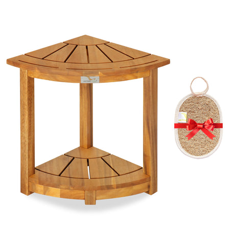 VICTORY RELAX Acacia Corner Shower Stool, Waterproof Spa Foot Rest & Bath Bench with Storage Shelf & Soap Dish, Ideal for Bathroom, Shaving Legs, or as Small Corner Table/Step Stool (Natural) VICTORY RELAX