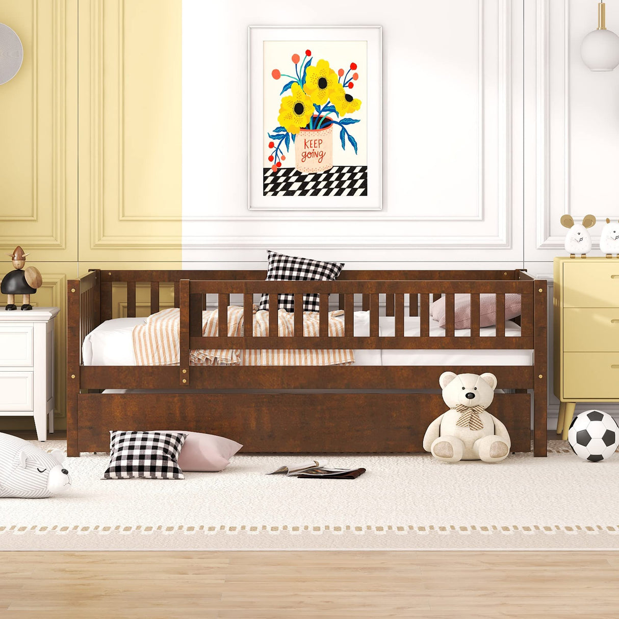 Twin Size Bed Frame with Trundle and Fence Guardrails, Wooden Montessori Style Kids Beds with Slats Support, Dual-use Daybed for Bedroom and Living Room, Walnut Bellemave