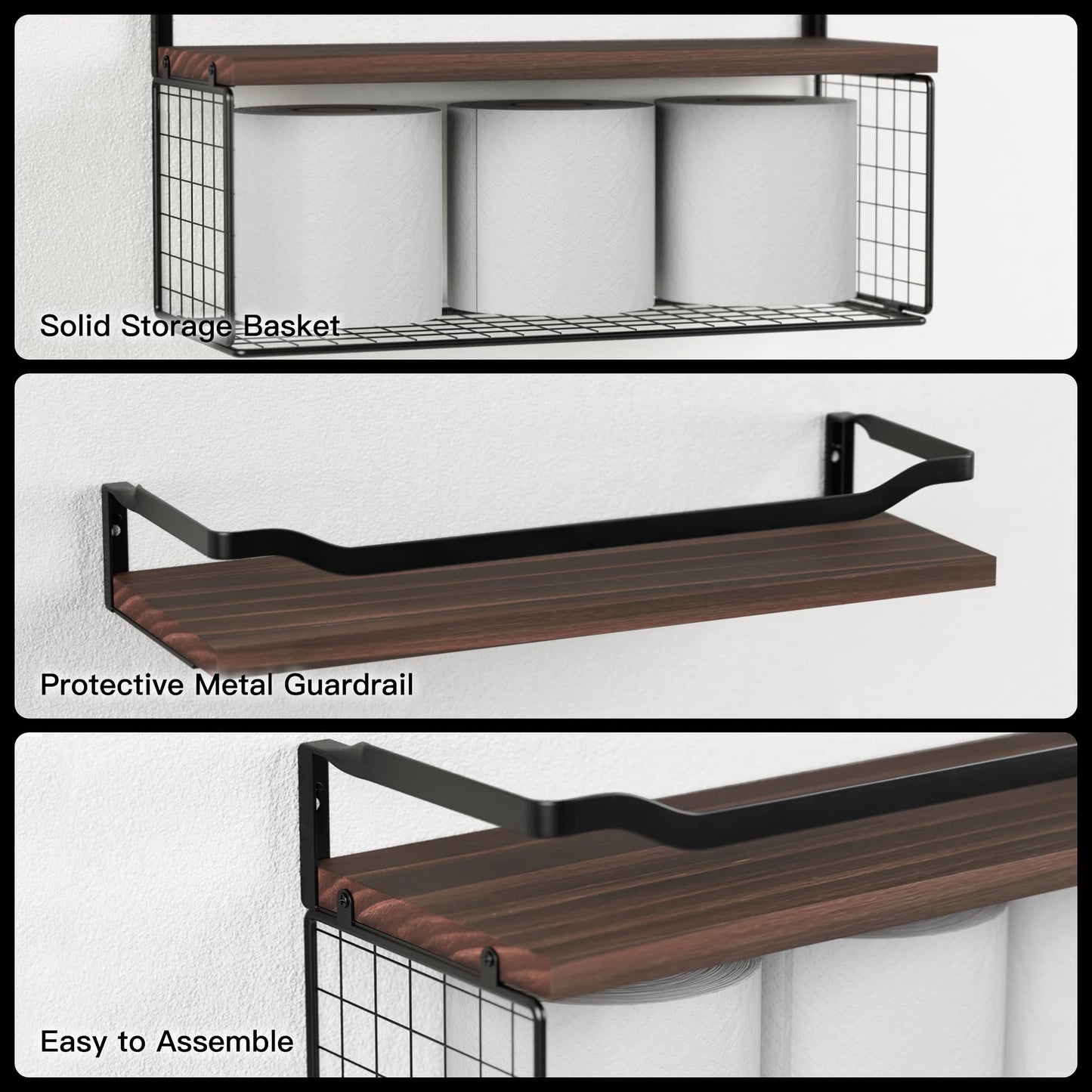 WOPITUES Floating Shelves with Wire Storage Basket, Bathroom Shelves Over Toilet with Protective Metal Guardrail, Wood Wall Shelves for Bathroom, Bedroom, Living Room, Toilet Paper- Dark Brown