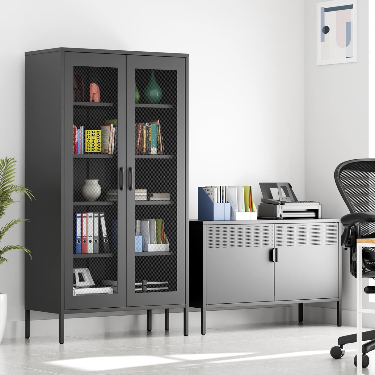 Ustamio 73 Inches Black Metal Storage Cabinet with Mesh Doors, 5 Tier Display Cabinet for Home Office, Metal Kitchen Pantry Storage Cabinet with 4 Adjustable Shelves Ustamio