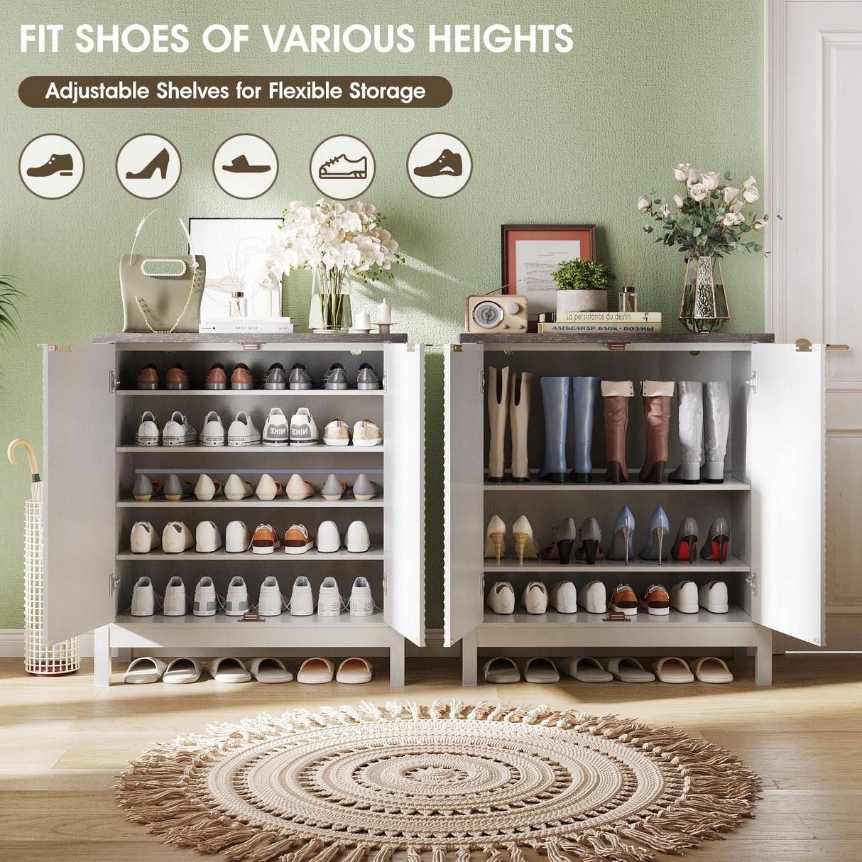 Maupvit 5-Tier Shoe Cabinet with Fluted Doors, Farmhouse Storage Cabinet with Adjustable Shelves, Wooden Shoe Rack Organizer Cabinet for Entryway, Foyer, Hallway, Living Room, White Maupvit