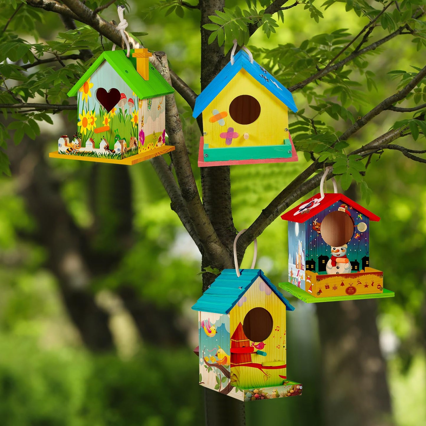 Juexica 4 Pack Wooden Birdhouse Kit DIY Craft Bird House with Paint and Paintbrushes Build a Bird Bungalow for Boys Girls Adults Arts Projects Gift Party Favor(Assorted)