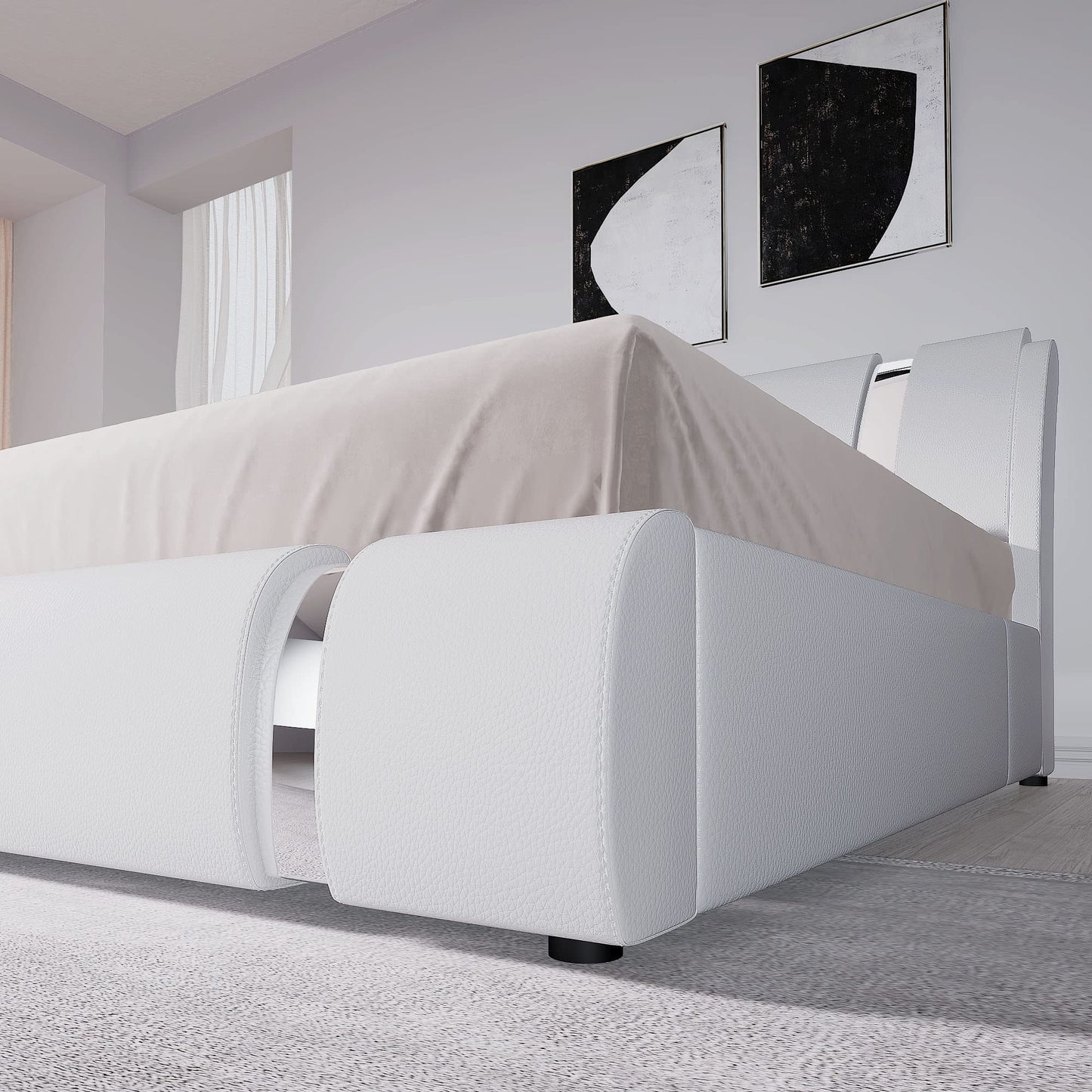 Stylish Allewie King Size Faux Leather Bed Frame with Curved Adjustable Headboard, Modern White Design - WoodArtSupply