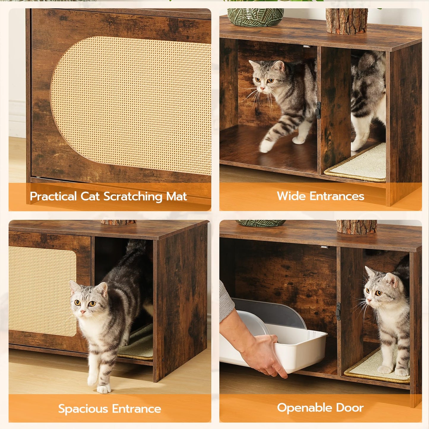 HOOBRO Cat Litter Box Enclosure with Rattan Door, Hidden Litter Box Furniture, Litter Box Enclosure with Adhesive Cat Scratching Mat, Coffee Table, 31.4" L x 17.7" W x 18.1" H, Rustic Brown FY18MW01