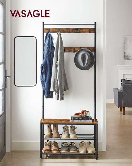 VASAGLE Coat Rack, Hall Tree with Shoe Storage Bench, Entryway Bench with Shoe Storage, 3-in-1, Steel Frame, for Entryway, 12.6 x 27.6 x 69.8 Inches, Industrial, Rustic Brown and Black UHSR41BX VASAGLE