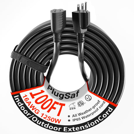 PlugSaf 16 Gauge 100 FT Extension Cord Outdoor Waterproof, 16/3 SJTW Cold Weatherproof -58°F, Flame Retardant, Flexible 3 Prong Black Electric Cord Outside,10A 1250W 16AWG, ETL Listed PlugSaf