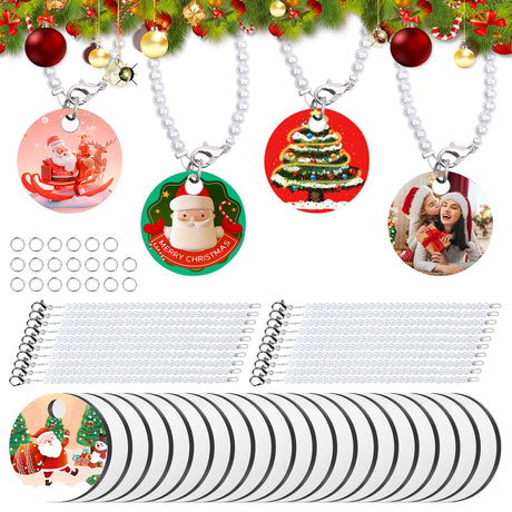 JNENERY Round Sublimation Key Chains Blanks, 60PCS Sublimation Keychain Blanks Bulk, Sublimation Charm Accessories for Cup, MDF Blank Double Sided with Plastic Pearl Chain for DIY and Craft JNENERY