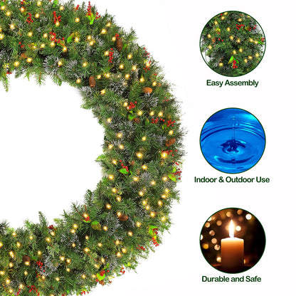 Hykolity 60 in. Large Pre-Lit Christmas Wreath Wintry Pine with 400 Warm White LED Lights, 792 Branch Tips, Artificial Plug in Wreath with Timer, Adorned with Pinecones & Red Berries