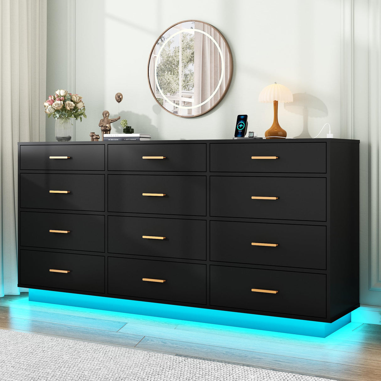 chartustriable Black 12 Drawers Dresser w/Power Outlet,60000-Colors Lights,63In Long Dresser Chest for Bedroom,Wooden Tall Large Capacity Clothing Storage Cabinet for Living Room,Entryway,Hallway chartustriable