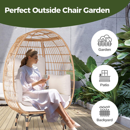 OTSUN Wicker Egg Chair, Oversized Egg Basket Chair for Living Room, Backyard, Outdoor Indoor Lounger with 4 Cushions, 440lb Capacity, Steel Frame, Ivory - WoodArtSupply