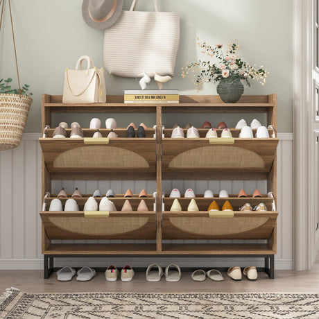 Maupvit Large Rattan Shoe Storage Cabinet with 4 Flip Drawers, Freestanding Shoe Organizer with Metal Legs for Entryway, Hidden Golden Handles, Narrow Shoe Rack Cabinet, Rustic Oak Rattan Maupvit