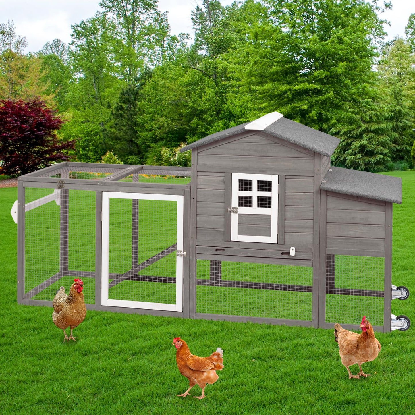 Ketive Wooden Chicken Coop Cage Outdoor Indoor Hen House with Nesting Box, Waterproof Roof, Removable Tray for Poultry Pets Enclosure Garden Backyard (Grey) - WoodArtSupply