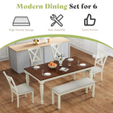 AMERLIFE 6-Piece Farmhouse Dining Table Set, 71” Solid Wood Table, 4 Upholstered Chairs and Bench, Rustic White and Walnut Finish, Seating for 6, for Kitchen or Dining Room AMERLIFE
