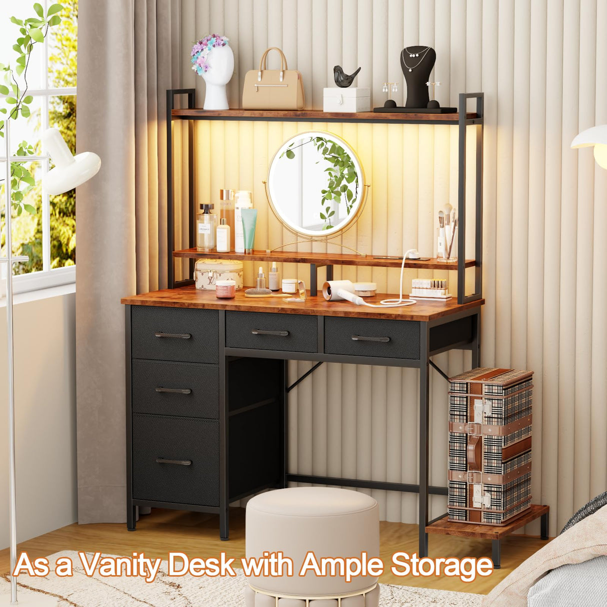 Computer Desk with Hutch, Gaming Desk with Power Outlets & LED Ligthts & 5 Fabric Drawers, Home Office Desk with 2 Tiers Storage Shelves for Display, 39" PC Gamer Table for Bedroom, Rustic Brown Korfile