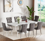 KUVADAZ 63"-78.74" White Faux Marble Extendable Dining Room Table Set for 8, 9-Piece Dining Table Set with 8 Chairs, Rectangle Wooden Expanding Kitchen Table and Grey Upholstered Chairs Set KUVADAZ