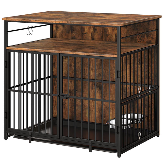 MAHANCRIS Large Dog Crate Furniture, 38.6" Heavy Duty Dog Kennel with Bowls & Storage Shelf, Wooden Dog Cage End Side Table for Small/Medium/Large Dogs, Chew-Resistant, Rustic Brown DCHR10901 - WoodArtSupply