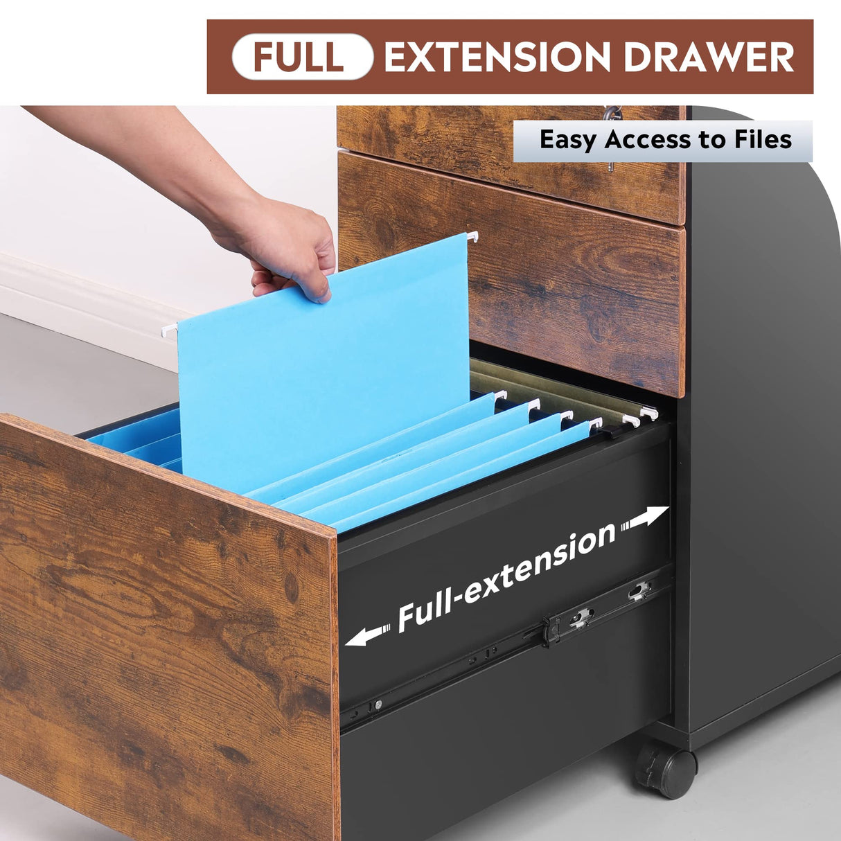 DEVAISE 3 Drawer Rolling File Cabinet with Lock, Wood Under Desk Filing Cabinet fits Letter/Legal/A4 Size for Home Office, Rustic Brown DEVAISE