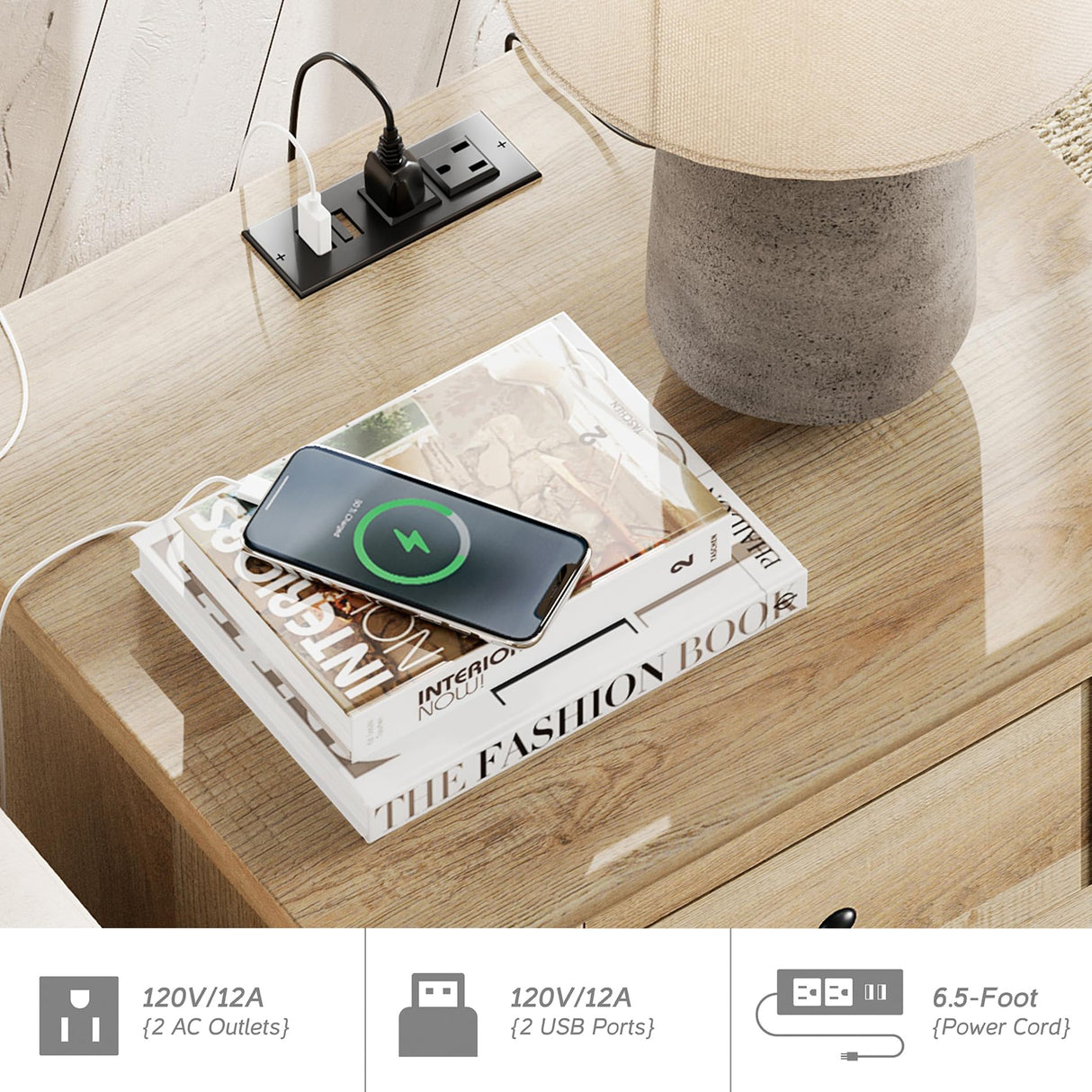 WAMPAT Nightstands with Charging Station, Set of 2 End Table with Power Outlets & USB Ports for Living Room, Modern Side Table with Drawer and Storage Cabinet for Bedroom, Oak WAMPAT