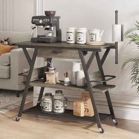 Bestier Grey Coffee Bar Station with Storage, Rolling Kitchen Cart and Towel Holder Bestier