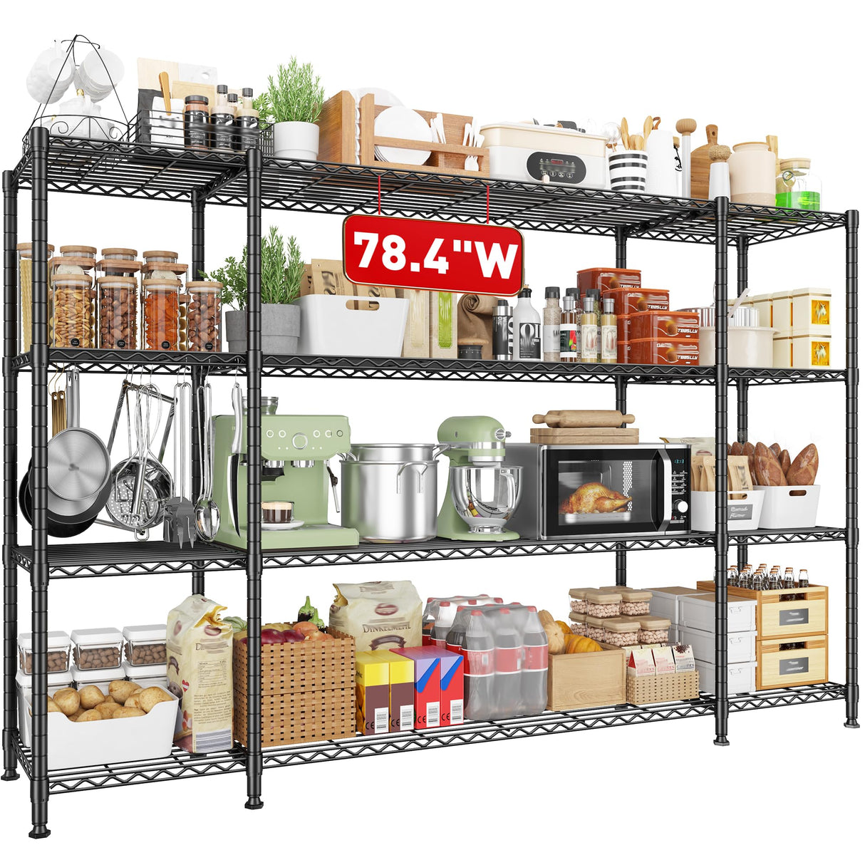 REIBII 78.4''W Storage Shelves Wire Shelving Unit Load 1500LBS,4 Tier Metal Shelving with Adjustable Metal Shelf Wire Rack for Pantry Shelves Commercial Shelving Kitchen Garage 78.4''Wx11.8''Dx59''H REIBII