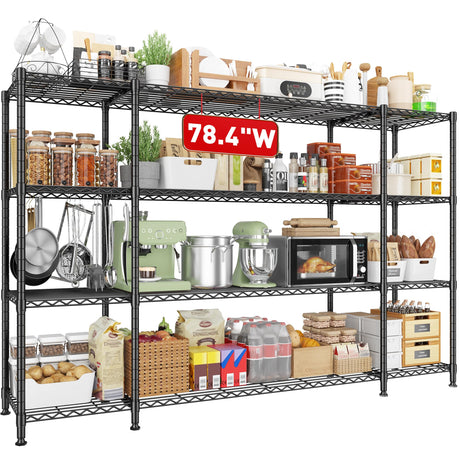 REIBII 78.4''W Storage Shelves Wire Shelving Unit Load 1500LBS,4 Tier Metal Shelving with Adjustable Metal Shelf Wire Rack for Pantry Shelves Commercial Shelving Kitchen Garage 78.4''Wx11.8''Dx59''H REIBII