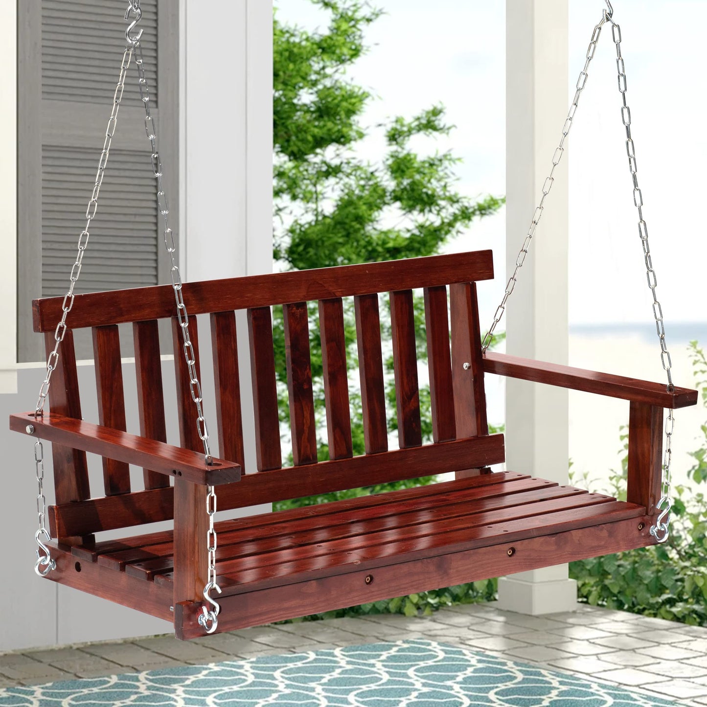 Heavy Duty Outdoor Wooden Porch Swings 4Ft/48in Bench Swing 800lb Weight Capacity, Durable Two Person Hanging Seating with Hanging Chains and Fixing Screw for Garden Backyard Lawn Balcony Dec - WoodArtSupply