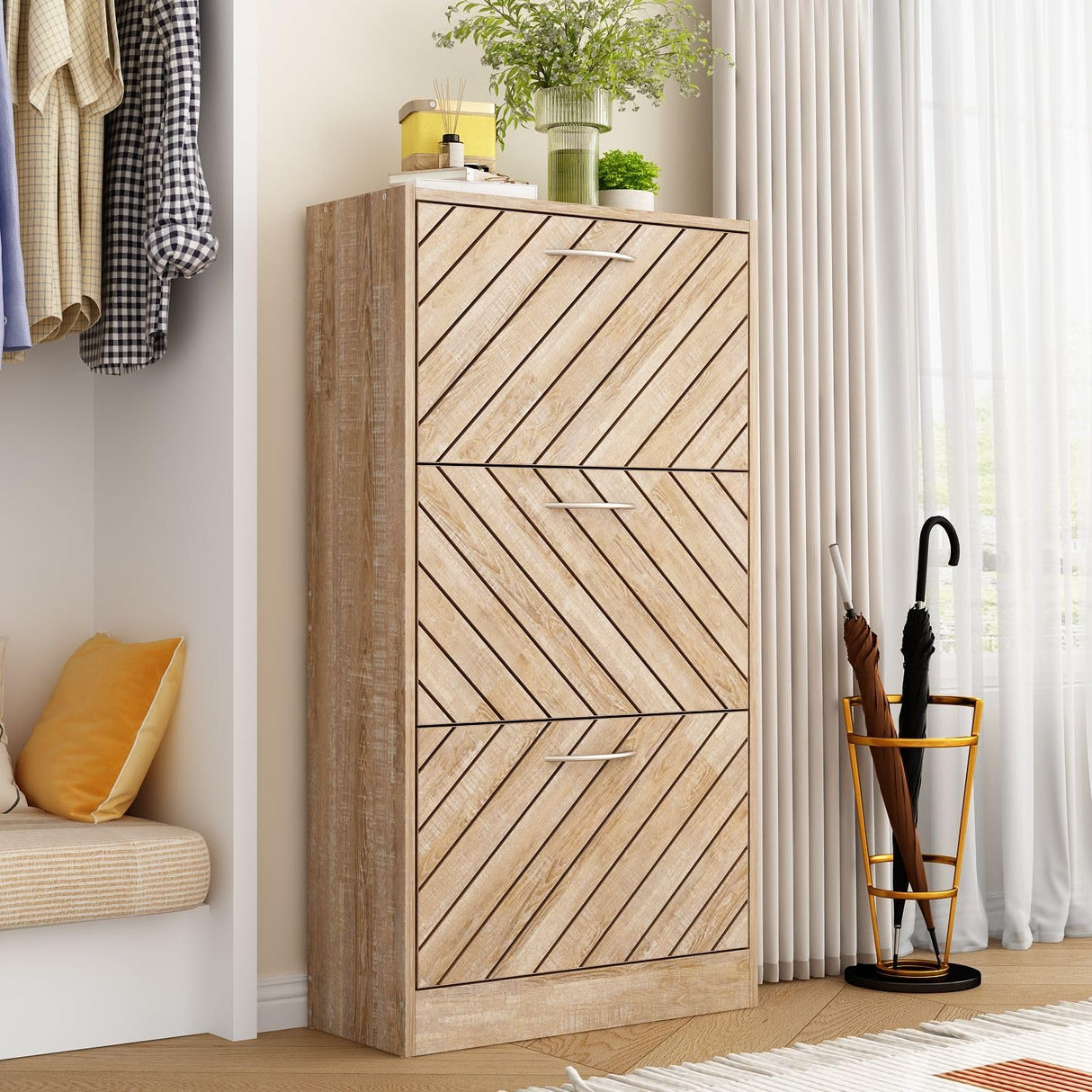 MOUMON Shoe Cabinet with 3 Flip Drawers, Slanted Design, Shoe Storage Organizer for Hallway Light Brown (22.4”W x 9.4”D x 42.3”H) MOUMON