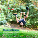 Ninja Warrior Obstacle Course for Kids, 2×56ft Slackline Kit with 8 Ninja Accessories - Monkey Bar, Rope Ladder, Gymnastic Ring, Arm Trainer and Monkey Fist Gentle Booms Sports