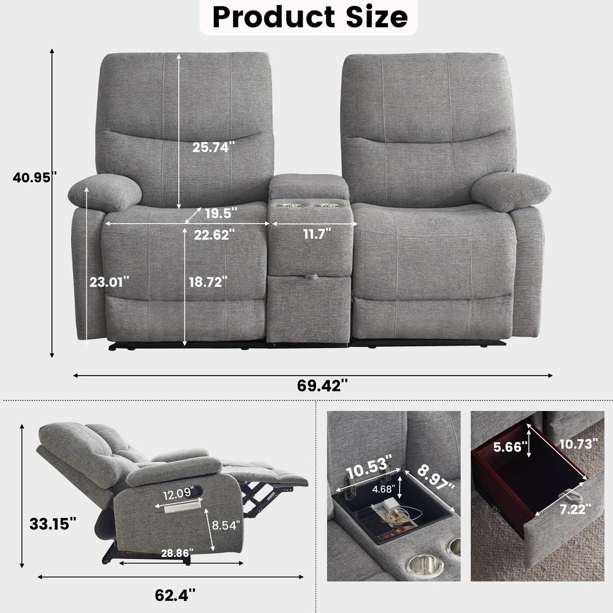 GUEAPY Manual Reclining Loveseat Sofa, Double Recline Love seat with Heat & Massage, Cup Holders & Storage Pocket, Comfortable Reclining Loveseat for Home Theater, Living Room, RV Recliner Grey GUEAPY
