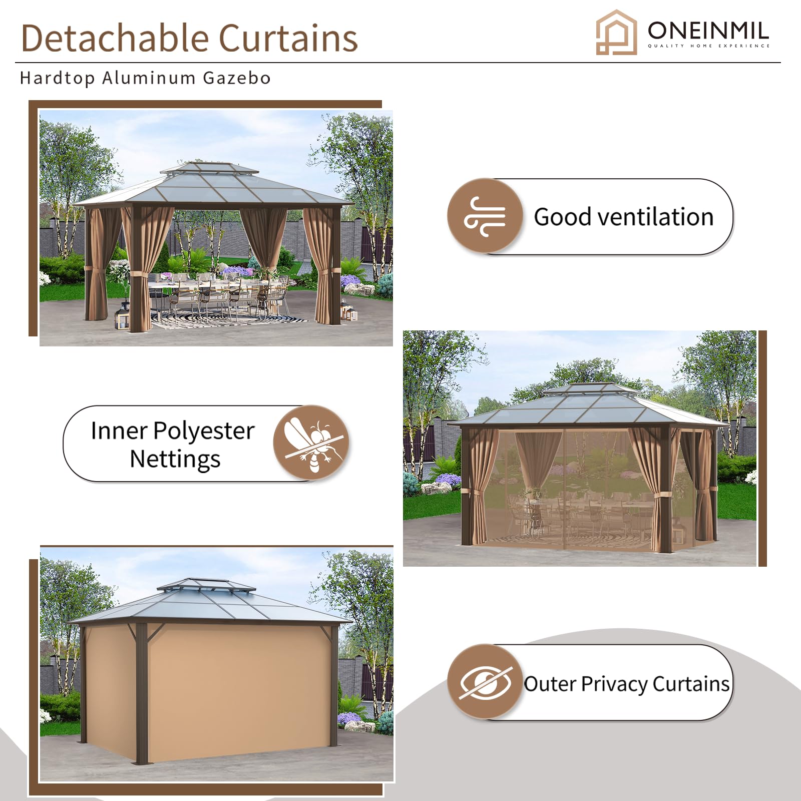 oneinmil 10x12FT Outdoor Polycarbonate Gazebo, Heavy Duty Double Roof Hardtop Gazebo with Aluminum Frame and Netting and Curtains for Patios - WoodArtSupply